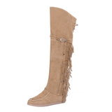 Winter Faux Suede Tassel Boots Ethnic Fringe Boho Long Boots Flat Heel Knee High Boots