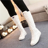 Motorcycle Flat Tall Punk Shoes Sale Knee High Boots Ladies Canvas Lace Up Zipper Boots Autumn Shoe