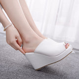 Crystal Queen Black White Peep Toe Platform Wedges High Heels Slippers Beach Sandals