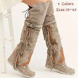 Winter Faux Suede Tassel Boots Ethnic Fringe Boho Long Boots Flat Heel Knee High Boots