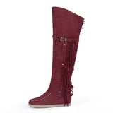 Winter Faux Suede Tassel Boots Ethnic Fringe Boho Long Boots Flat Heel Knee High Boots