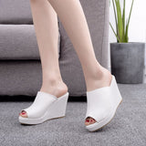 Crystal Queen Black White Peep Toe Platform Wedges High Heels Slippers Beach Sandals