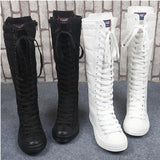 Motorcycle Flat Tall Punk Shoes Sale Knee High Boots Ladies Canvas Lace Up Zipper Boots Autumn Shoe