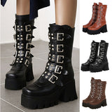 Autumn Winter Platform Boots Square Buckle High Heels