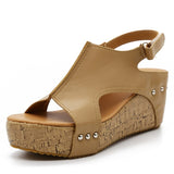 Sandals Peep Toe PU Belt Buckle Blocking Hook-Loop Wedges Sandals Summer Shoes Heel Sandal