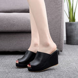 Crystal Queen Black White Peep Toe Platform Wedges High Heels Slippers Beach Sandals