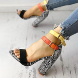 Contrast Color Snakeskin Buckled Chunky Heeled Sandals