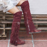 Winter Faux Suede Tassel Boots Ethnic Fringe Boho Long Boots Flat Heel Knee High Boots