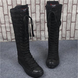 Motorcycle Flat Tall Punk Shoes Sale Knee High Boots Ladies Canvas Lace Up Zipper Boots Autumn Shoe