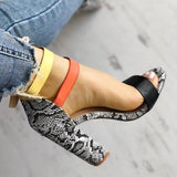 Contrast Color Snakeskin Buckled Chunky Heeled Sandals