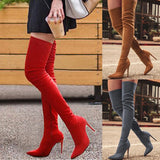 Winter Warm Long Boots Faux Suede Slim Thigh High Heels Over The Knee Boots