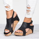 Sandals Peep Toe PU Belt Buckle Blocking Hook-Loop Wedges Sandals Summer Shoes Heel Sandal