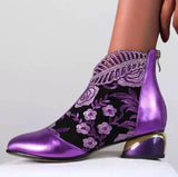 Rhinestone Ankle Floral-Embroidered Boot - Green