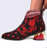 Rhinestone Ankle Floral-Embroidered Boot - Green