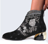 Rhinestone Ankle Floral-Embroidered Boot - Green