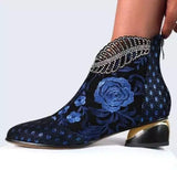 Rhinestone Ankle Floral-Embroidered Boot - Green