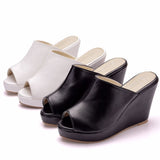 Crystal Queen Black White Peep Toe Platform Wedges High Heels Slippers Beach Sandals