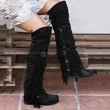 Winter Faux Suede Tassel Boots Ethnic Fringe Boho Long Boots Flat Heel Knee High Boots