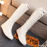 Motorcycle Flat Tall Punk Shoes Sale Knee High Boots Ladies Canvas Lace Up Zipper Boots Autumn Shoe