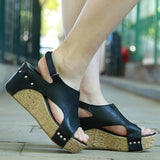 Sandals Peep Toe PU Belt Buckle Blocking Hook-Loop Wedges Sandals Summer Shoes Heel Sandal