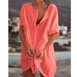 Cover-up Linen Dress Loose Short Sleeve Deep V-neck Solid Color Mini Party Dress