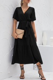 Elegant Solid With Belt V Neck Cake Skirt Dresses(4 Colors)
