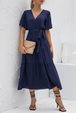 Elegant Solid With Belt V Neck Cake Skirt Dresses(4 Colors)