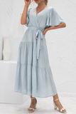 Elegant Solid With Belt V Neck Cake Skirt Dresses(4 Colors)