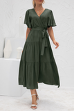 Elegant Solid With Belt V Neck Cake Skirt Dresses(4 Colors)