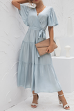 Elegant Solid With Belt V Neck Cake Skirt Dresses(4 Colors)