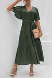 Elegant Solid With Belt V Neck Cake Skirt Dresses(4 Colors)