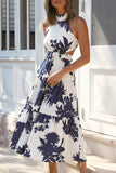 Street Print Backless Mandarin Collar A Line Dresses