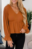 Casual Solid Patchwork Fold V Neck Tops(4 Colors)