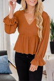 Casual Solid Patchwork Fold V Neck Tops(4 Colors)