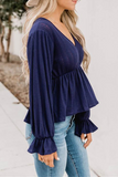 Casual Solid Patchwork Fold V Neck Tops(4 Colors)