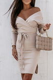 Sweet Elegant Solid Frenulum With Belt V Neck A Line Dresses