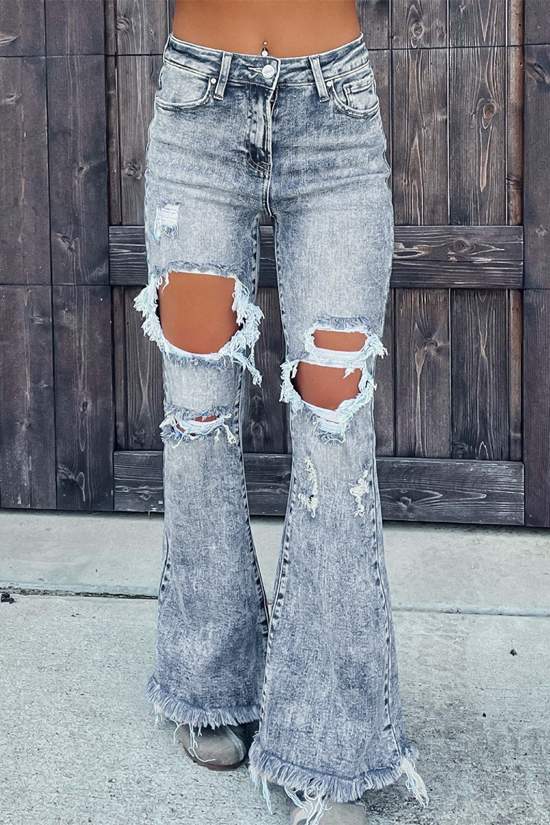 Street Solid Ripped Frenulum Straight Denim Jeans Street Solid Ripped Frenulum Straight Denim Jeans