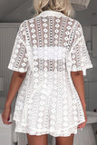 Casual Solid Lace Hollowed Out Turndown Collar Short Sleeve Two Pieces