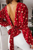 Loose Solid Color Long Sleeve Open Back Small Broken Star Print Tops
