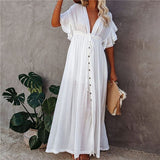 Sexy V Neck Bikini Cover-ups Long White Tunic Casual Summer BeachDress