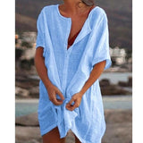 XS-8XL Plus Size Short Sleeve Linen Blouses Deep V-neck Beach Wear Dress