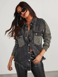 Adisse Contrast Leopard Print Denim Shacket - Black