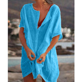 Cover-up Linen Dress Loose Short Sleeve Deep V-neck Solid Color Mini Party Dress