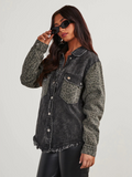 Adisse Contrast Leopard Print Denim Shacket - Black