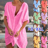 XS-8XL Plus Size Short Sleeve Linen Blouses Deep V-neck Beach Wear Dress