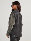 Adisse Contrast Leopard Print Denim Shacket - Black