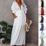 Sexy V Neck Bikini Cover-ups Long White Tunic Casual Summer BeachDress