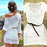 White Boho Sexy Lace Hollow Knit Bikini Swimwear Cover up Crochet Beach Dress