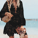 Summer Cardigan Swimwear Beach Short Dress Hollow Out Floral V Neck Elegant Skirts