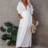 Sexy V Neck Bikini Cover-ups Long White Tunic Casual Summer BeachDress